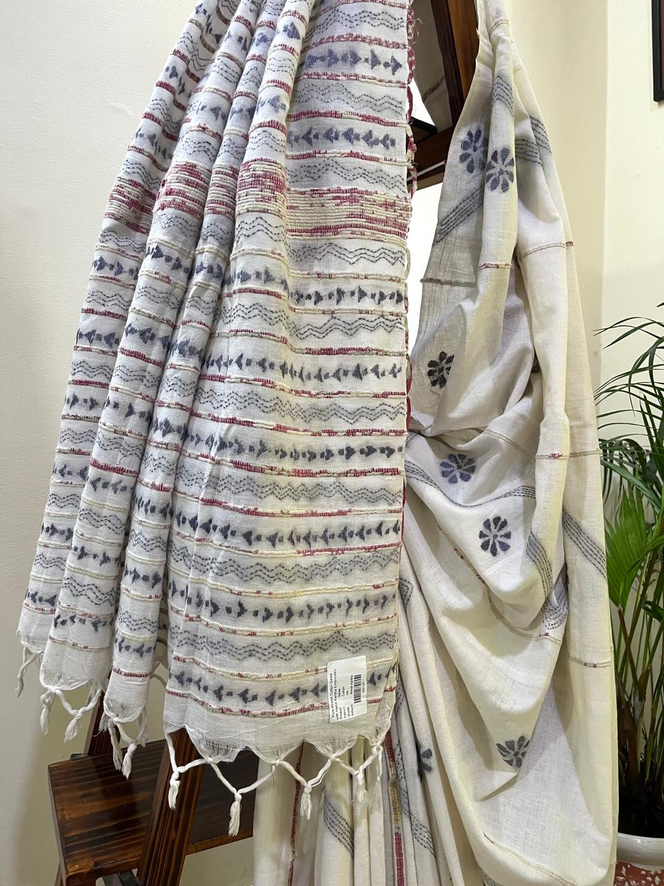 Pure Khesh Cotton Saree With Kantha Hand Embroidery - White