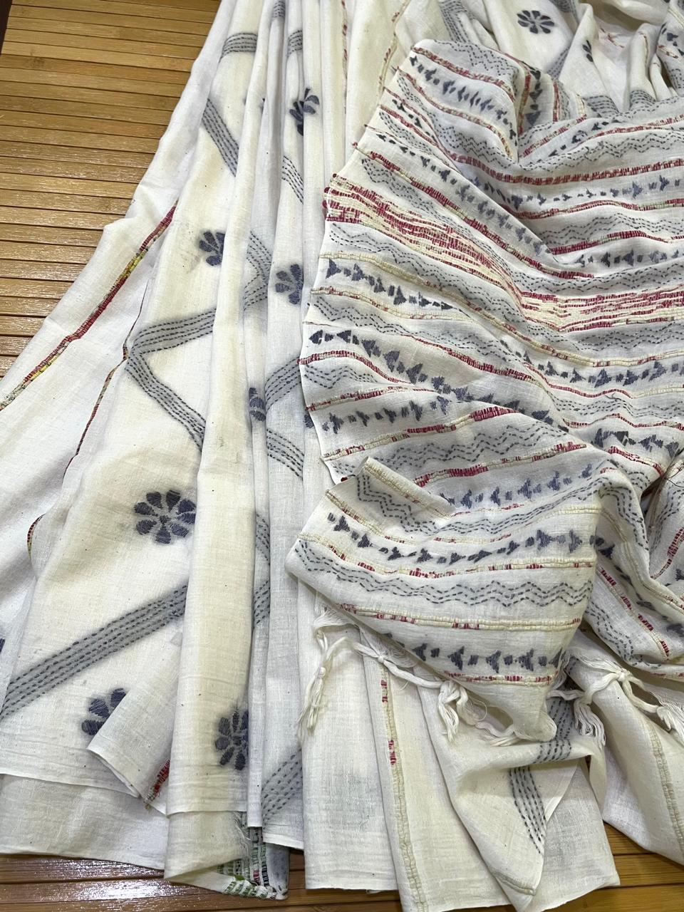 Pure Khesh Cotton Saree With Kantha Hand Embroidery - White