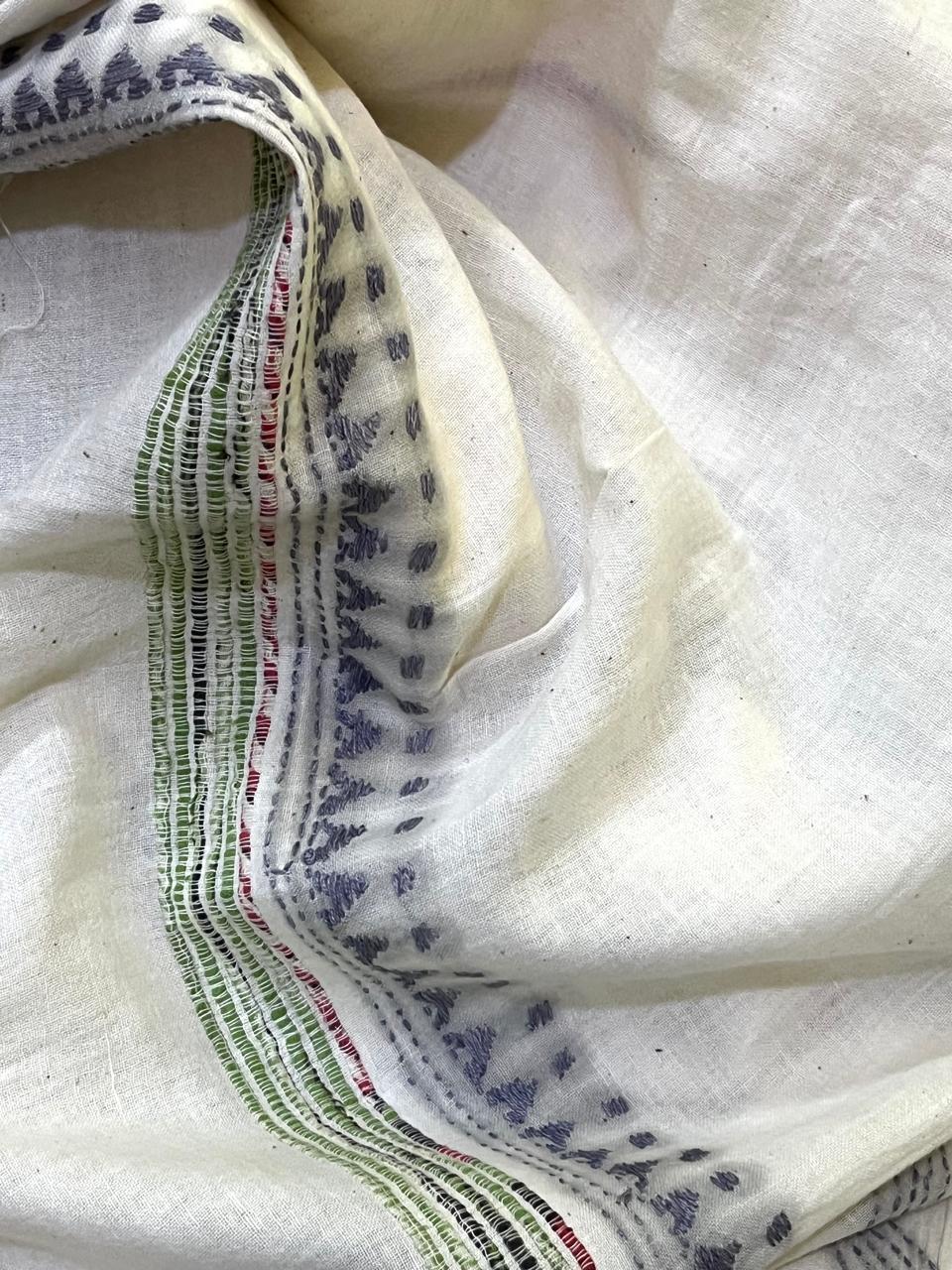 Pure Khesh Cotton Saree With Kantha Hand Embroidery - White