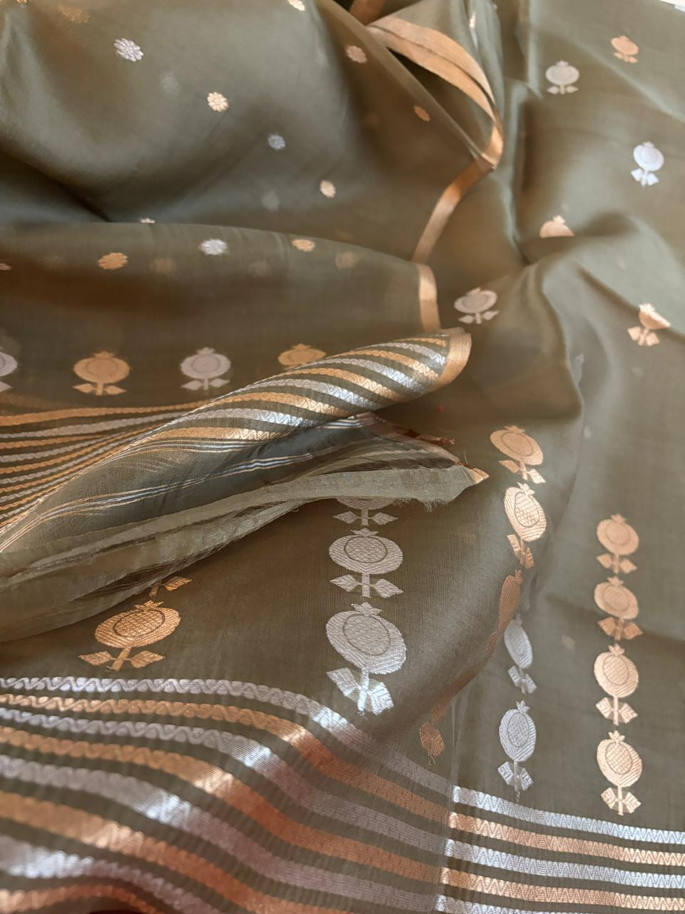 Kora Banarasi Handloom Kurta Dupatta Set  Olive Green with Kadwa  Sona Roopa Buttis