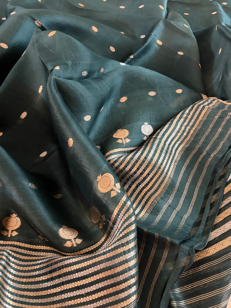 Kora Banarasi Handloom Kurta Dupatta Set Pine Green with Kadwa Sona Roopa Buttis