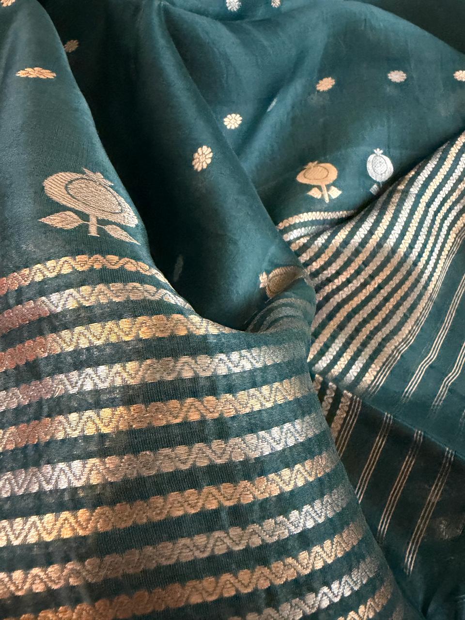 Kora Banarasi Handloom Kurta Dupatta Set  Pine Green with Kadwa  Sona Roopa Buttis