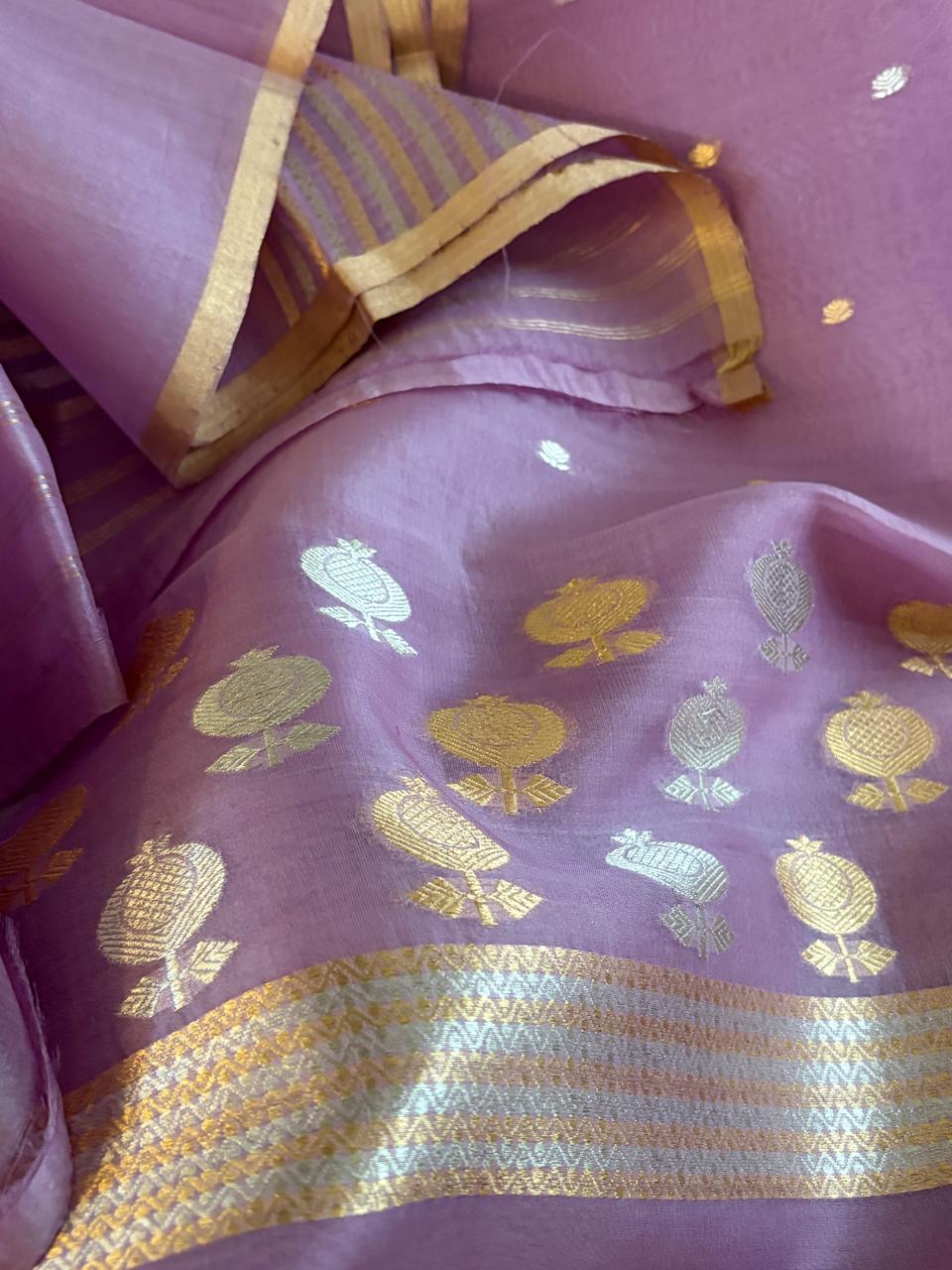 Kora Banarasi Handloom Kurta Dupatta Set Purple with Kadwa Sona Roopa Buttis