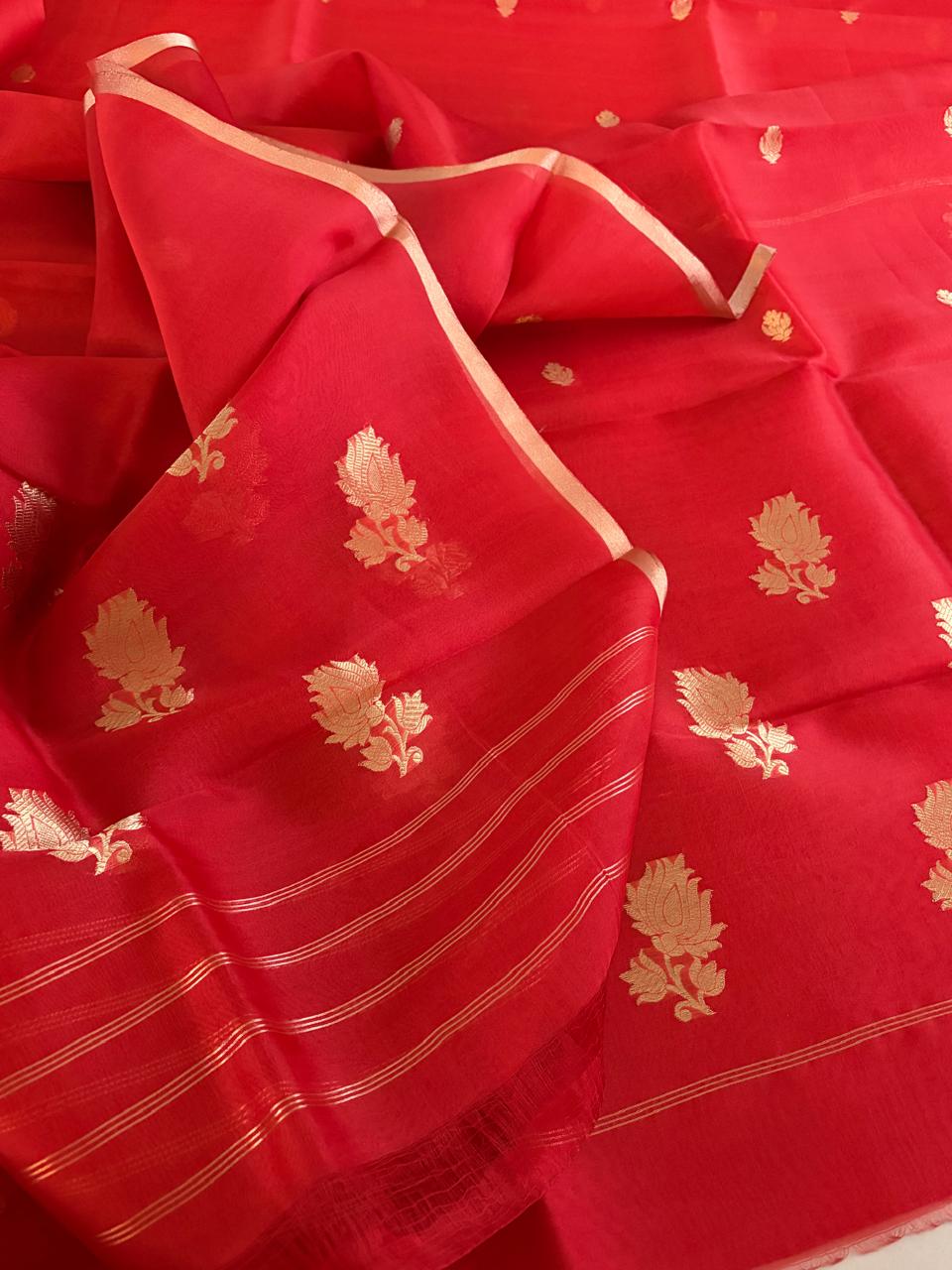 Kora Banarasi Handloom Kurta Dupatta Set  Red with Kadwa  Golden Buttis