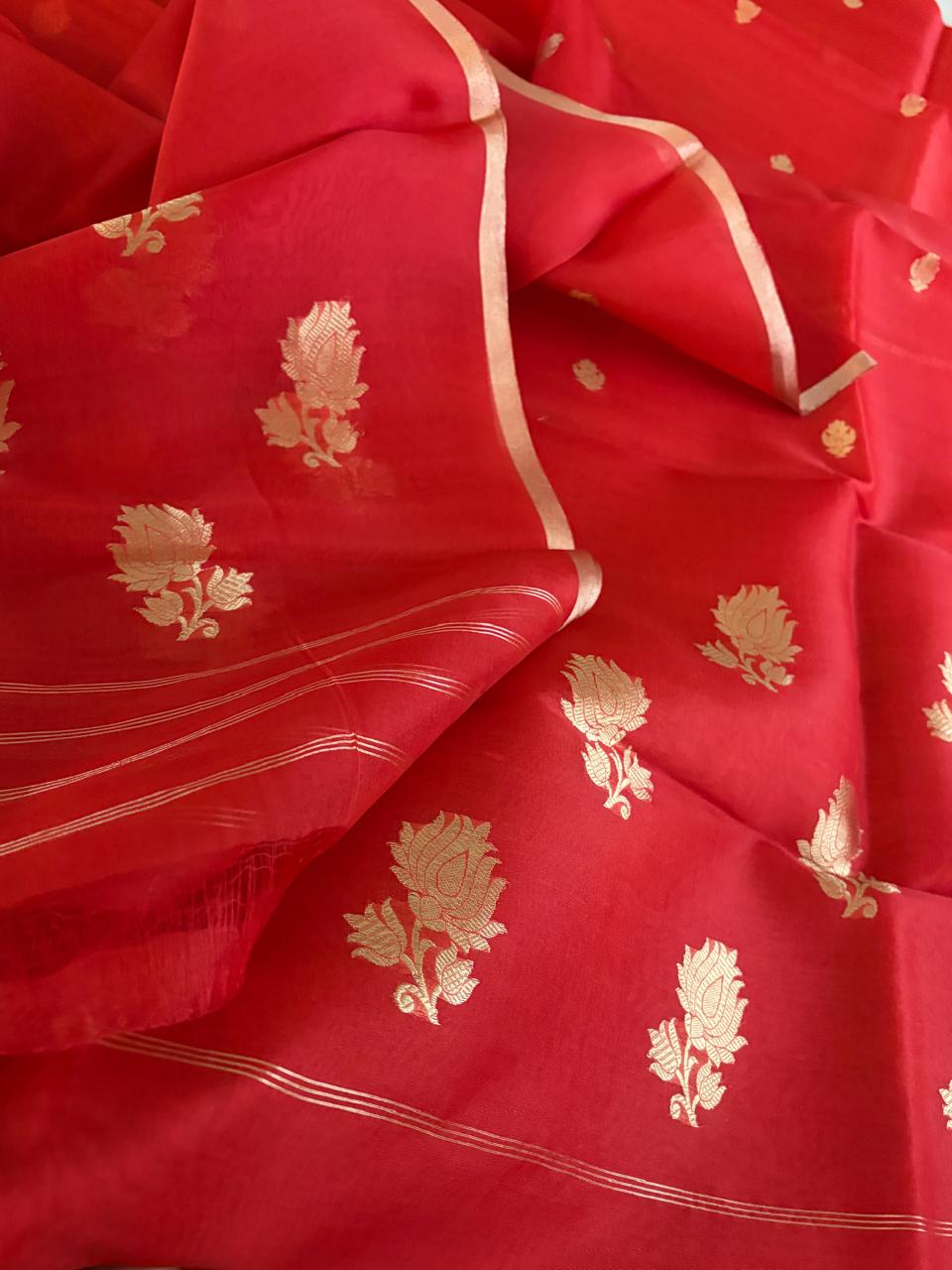 Kora Banarasi Handloom Kurta Dupatta Set  Red with Kadwa  Golden Buttis