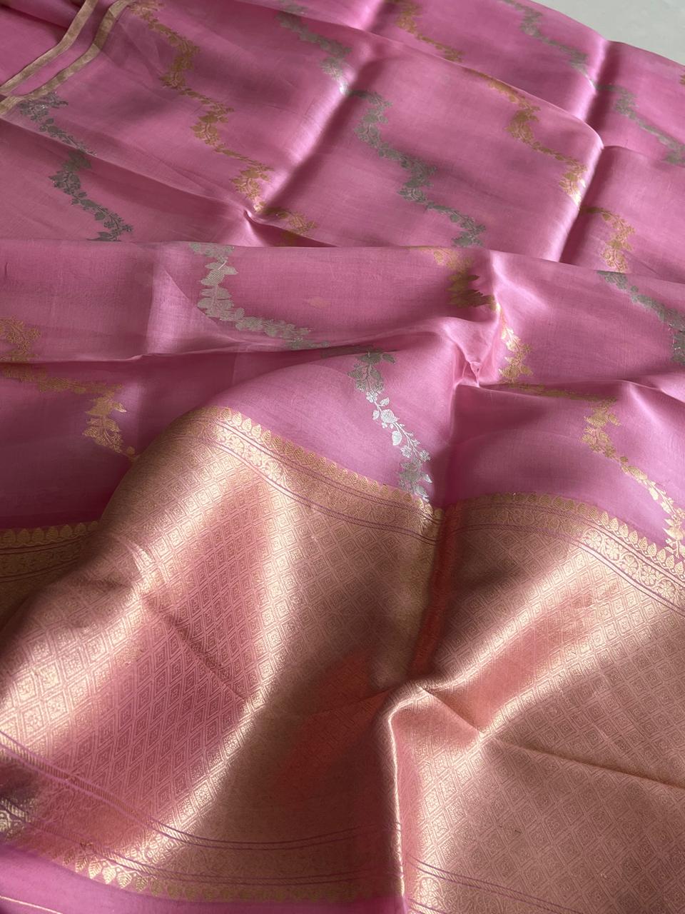 Kora Banarasi Pure Organza Handwoven Silk Saree with Kadwa Buttis - Pink
