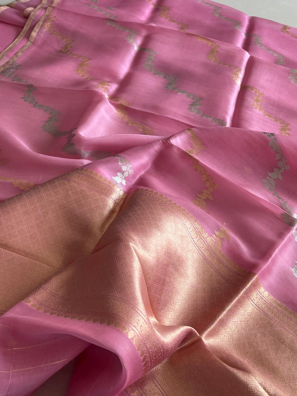 Kora Banarasi Pure Organza Handwoven Silk Saree with Kadwa Buttis - Pink