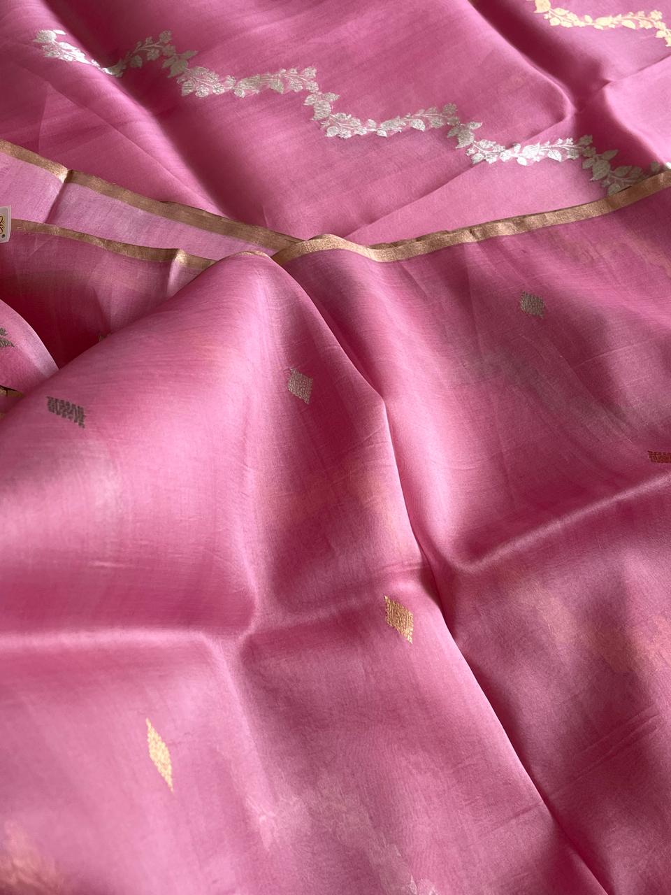 Kora Banarasi Pure Organza Handwoven Silk Saree with Kadwa Buttis - Pink
