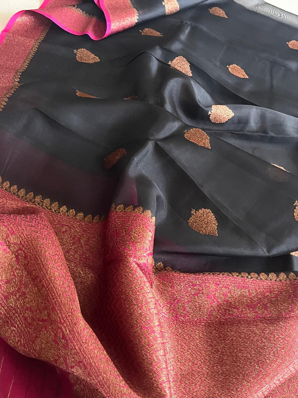 Kora Banarasi Pure Organza Handwoven Silk Saree with Kadwa Buttis - Black