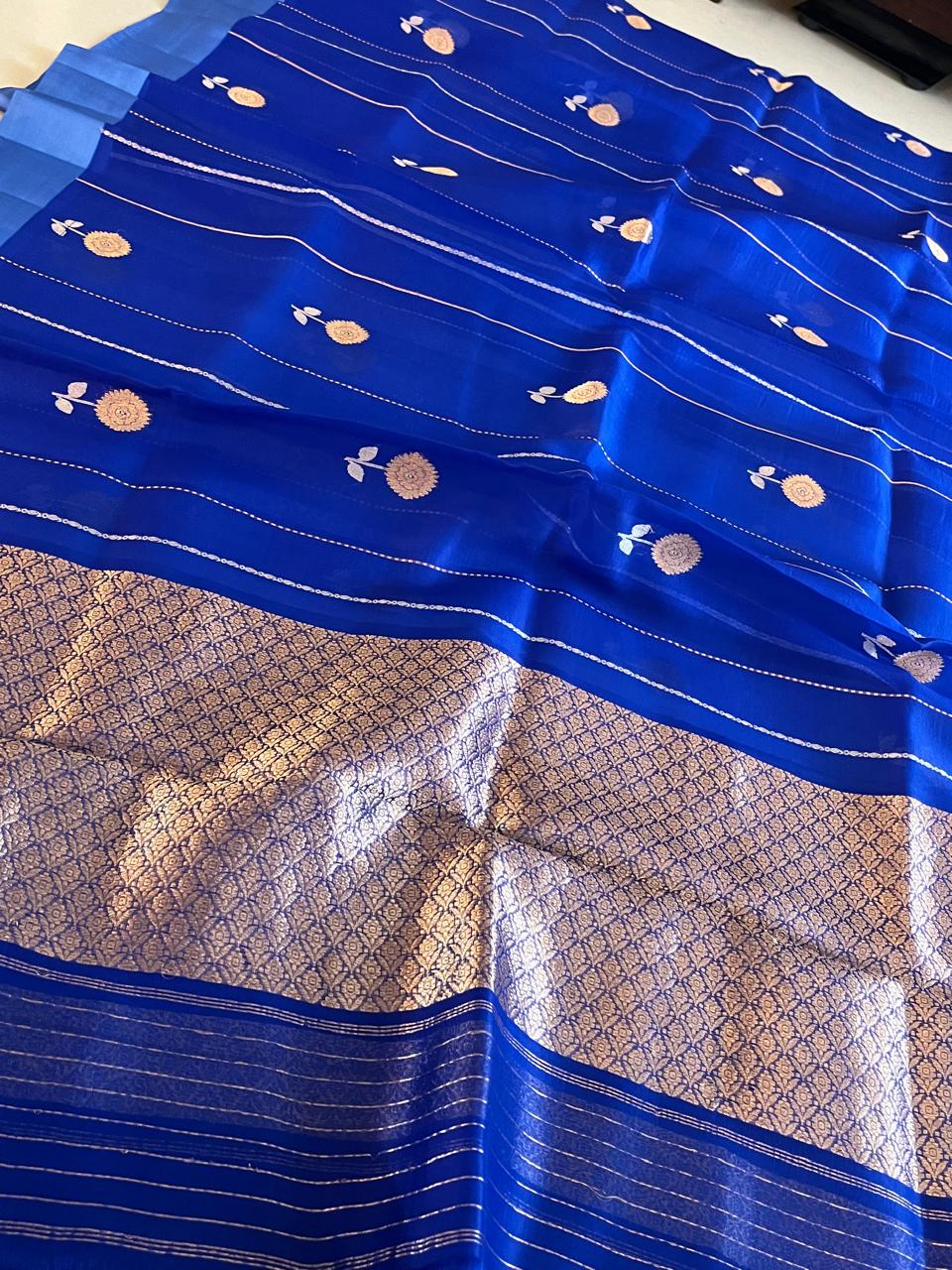 Kora Banarasi Pure Organza Handwoven Silk Saree with Kadwa Buttis - Electric Blue