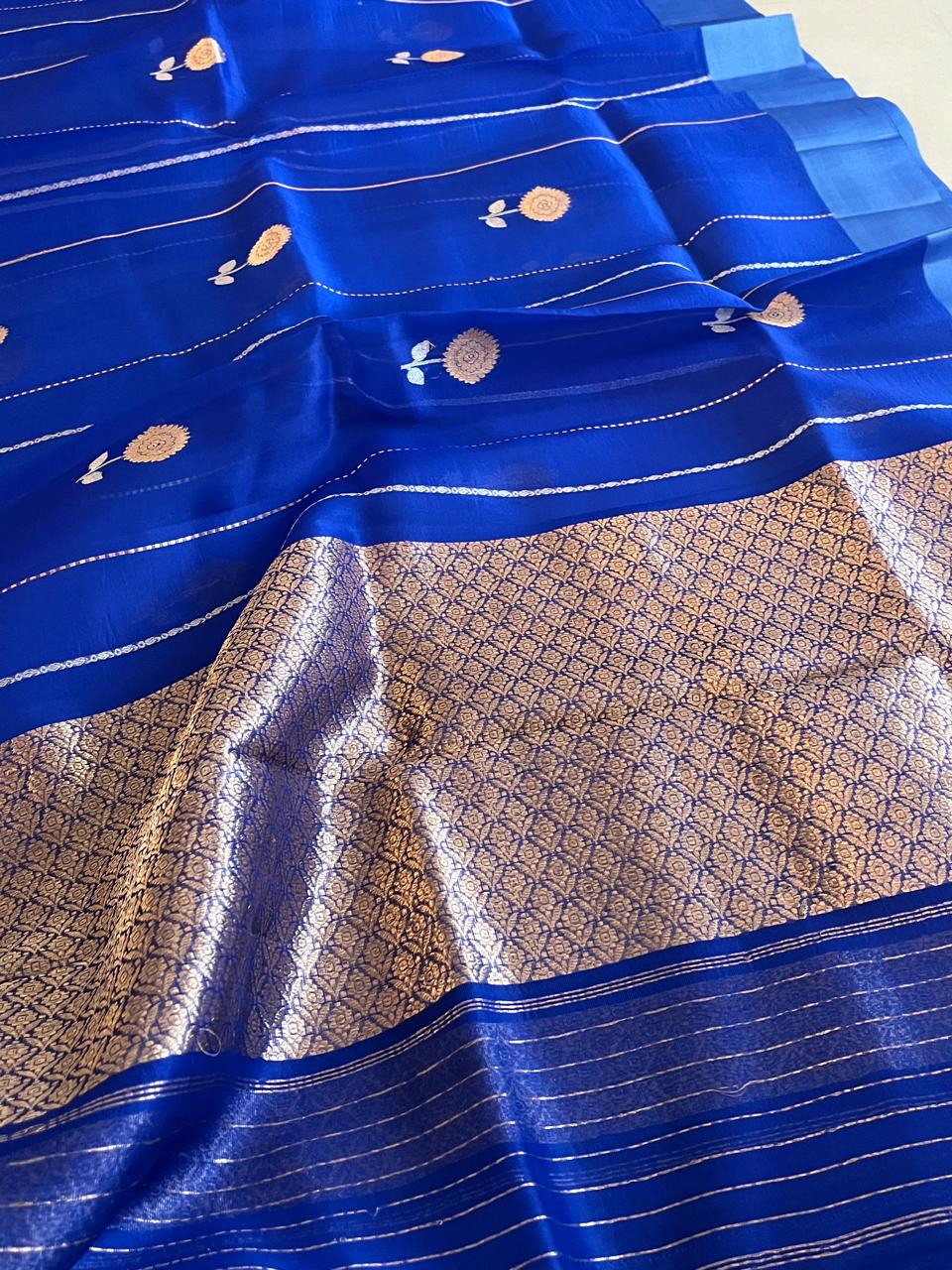 Kora Banarasi Pure Organza Handwoven Silk Saree with Kadwa Buttis - Electric Blue