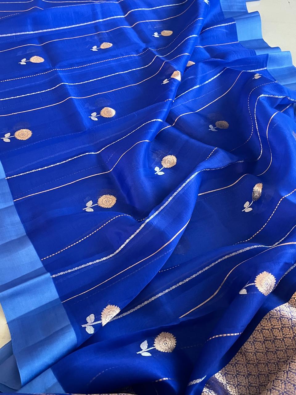 Kora Banarasi Pure Organza Handwoven Silk Saree with Kadwa Buttis - Electric Blue
