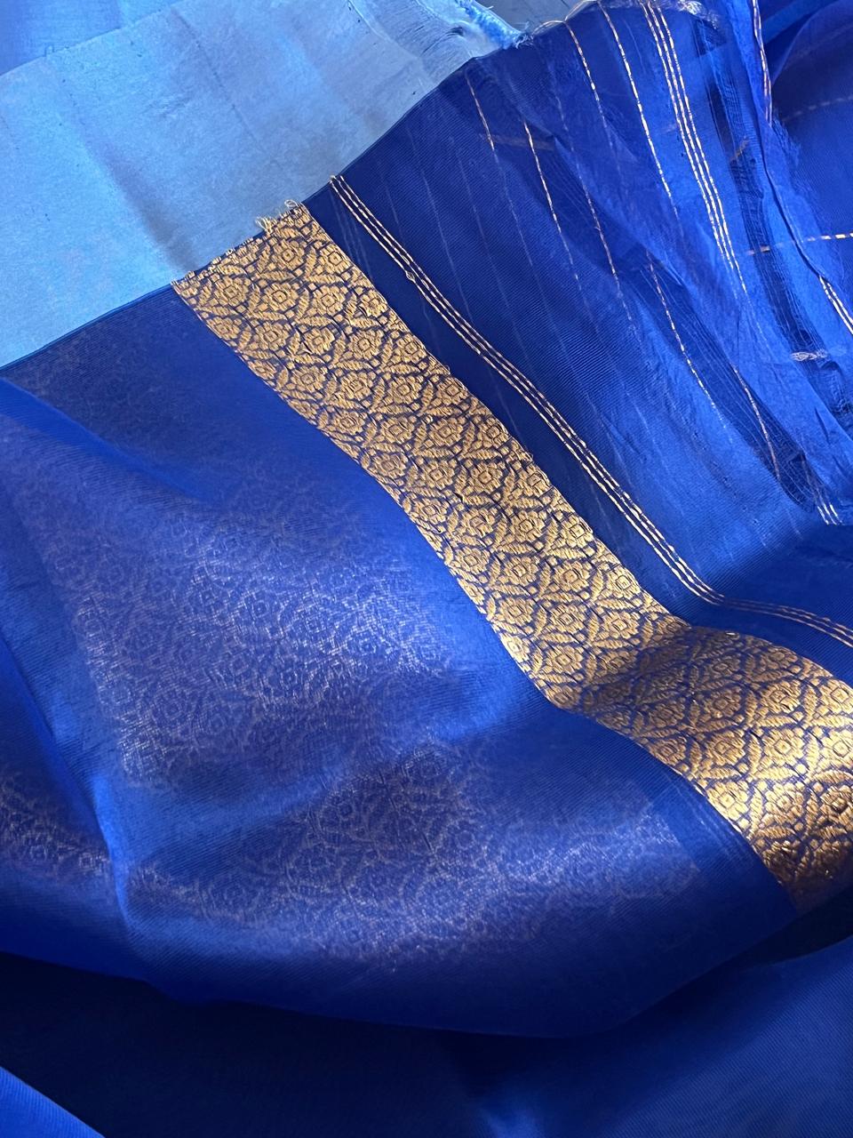 Kora Banarasi Pure Organza Handwoven Silk Saree with Kadwa Buttis - Electric Blue