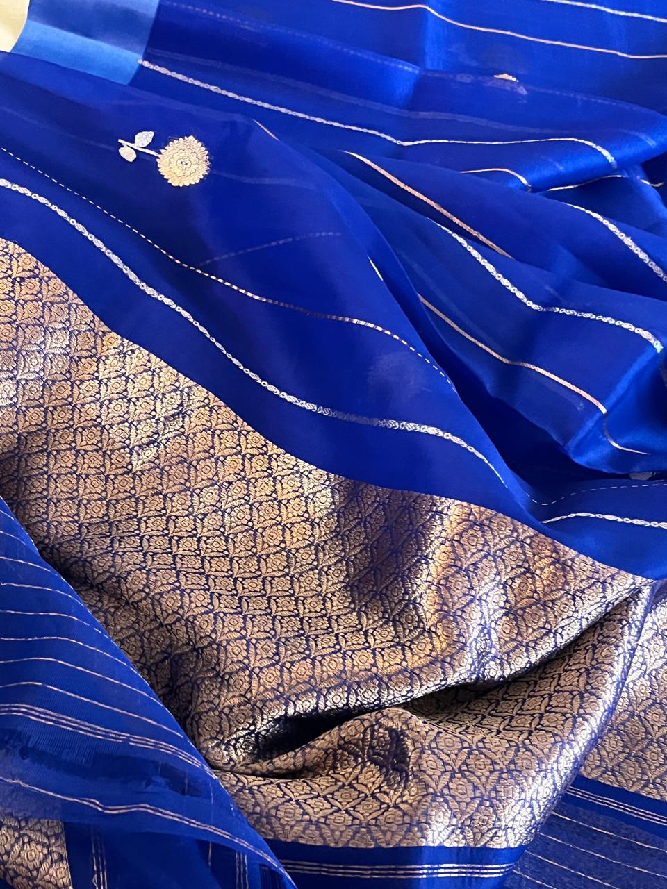 Kora Banarasi Pure Organza Handwoven Silk Saree with Kadwa Buttis - Electric Blue