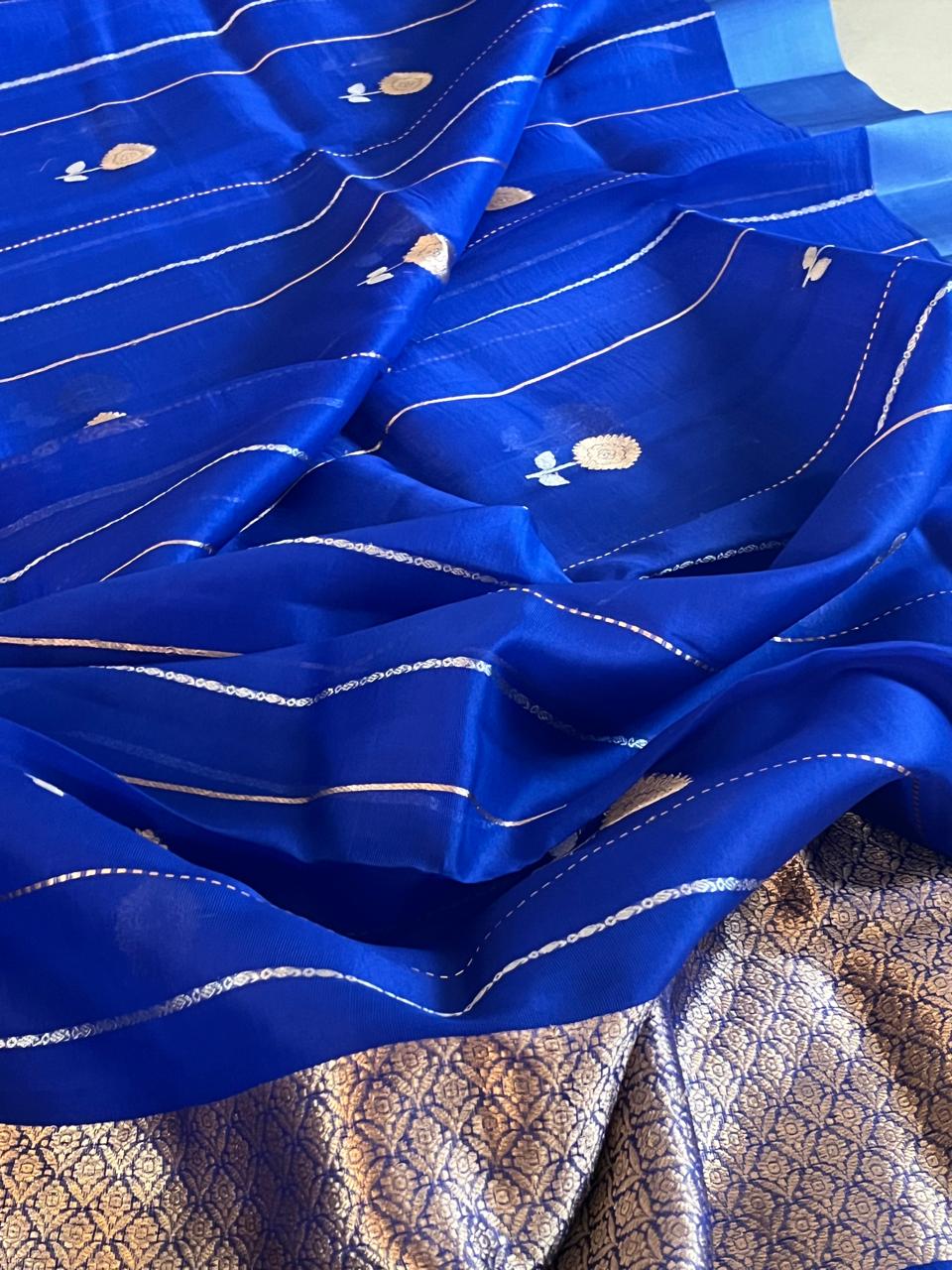 Kora Banarasi Pure Organza Handwoven Silk Saree with Kadwa Buttis - Electric Blue