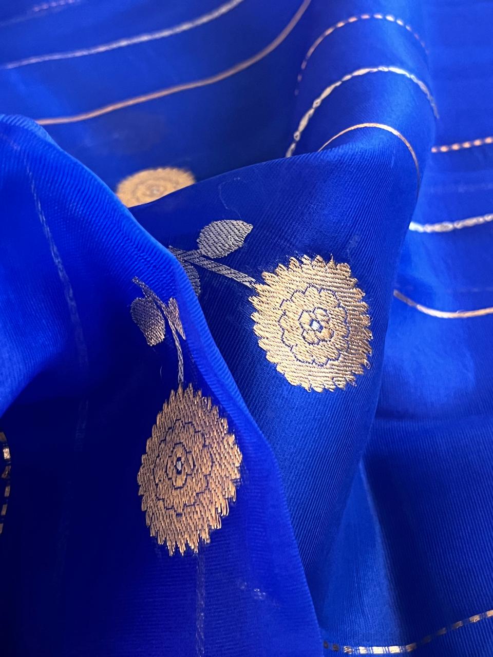 Kora Banarasi Pure Organza Handwoven Silk Saree with Kadwa Buttis - Electric Blue