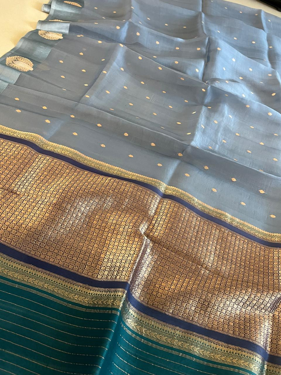Kora Banarasi Pure Organza Handwoven Silk Saree with Kadwa Buttis and Satin Border