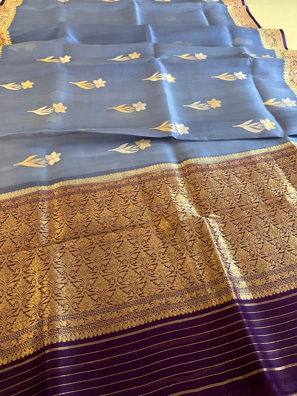 Kora Banarasi Pure Organza Handwoven Silk Saree with Kadwa Buttis - Icy Blue