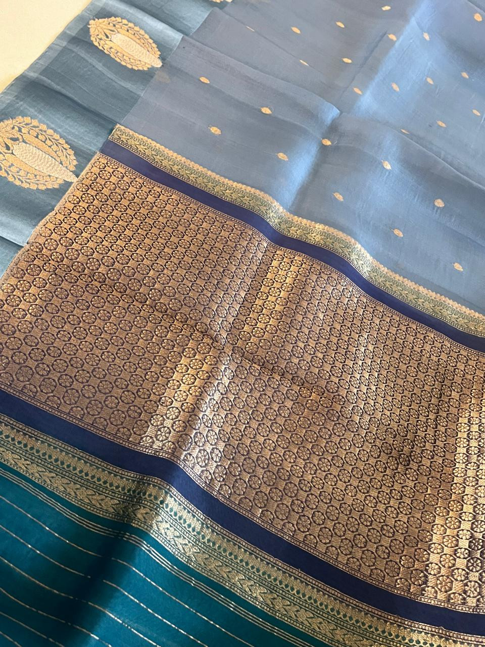 Kora Banarasi Pure Organza Handwoven Silk Saree with Kadwa Buttis and Satin Border