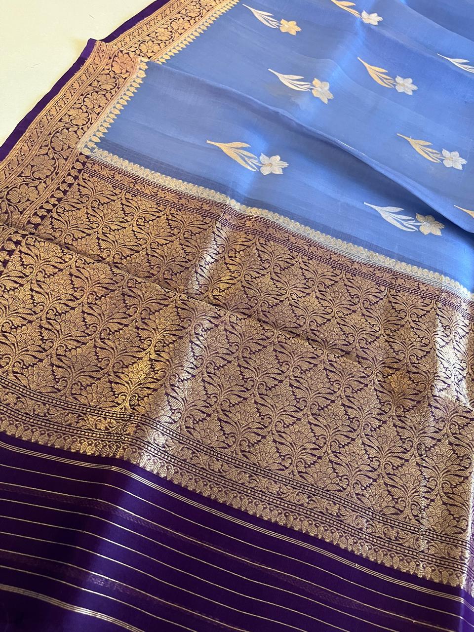 Kora Banarasi Pure Organza Handwoven Silk Saree with Kadwa Buttis - Icy Blue