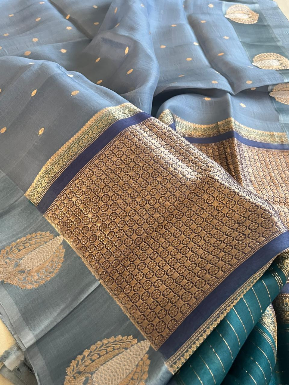 Kora Banarasi Pure Organza Handwoven Silk Saree with Kadwa Buttis and Satin Border