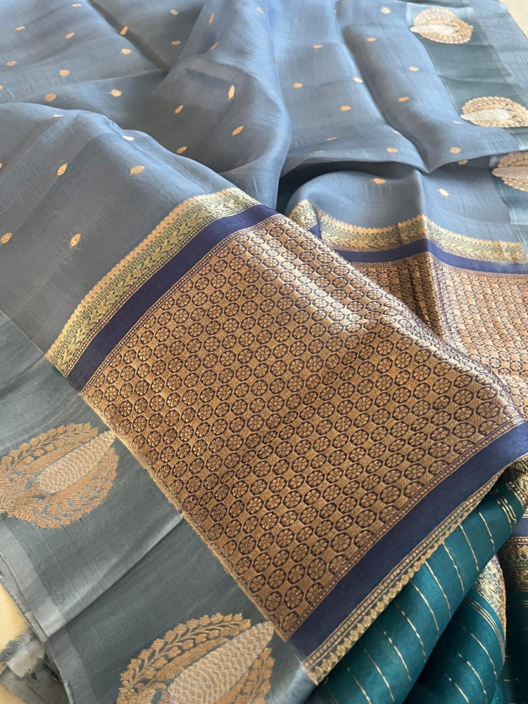 Image of Kora Banarasi Pure Organza Handwoven Silk Saree with Kadwa Buttis and Satin Border