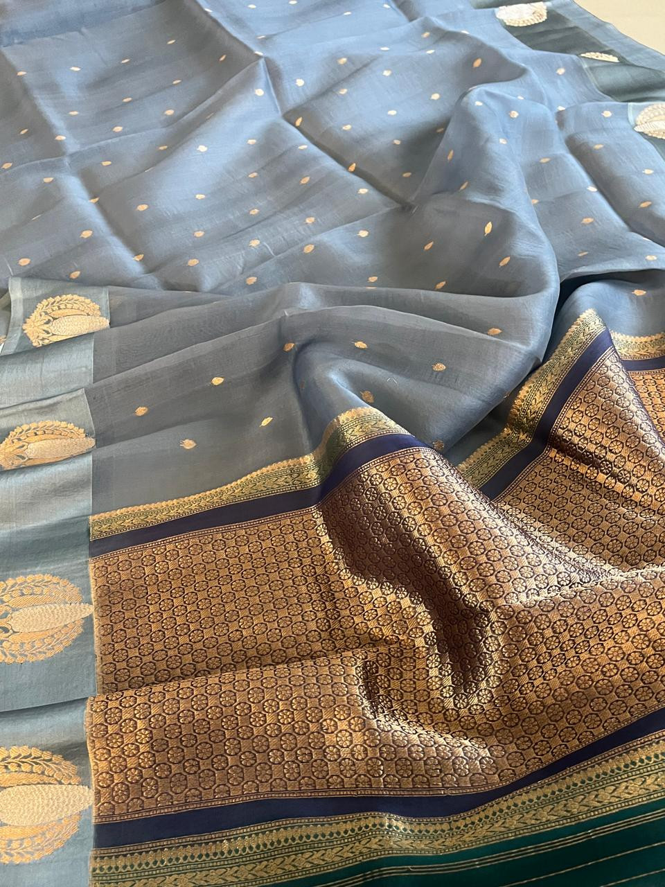 Kora Banarasi Pure Organza Handwoven Silk Saree with Kadwa Buttis and Satin Border