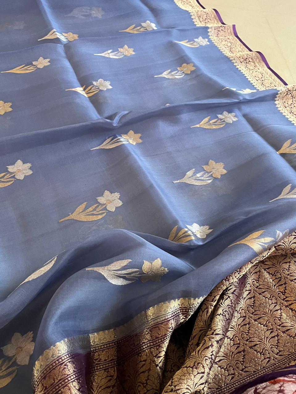 Kora Banarasi Pure Organza Handwoven Silk Saree with Kadwa Buttis - Icy Blue