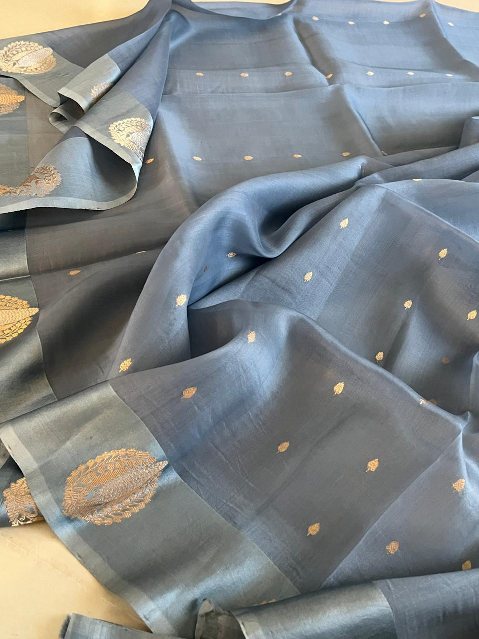 Kora Banarasi Pure Organza Handwoven Silk Saree with Kadwa Buttis and Satin Border