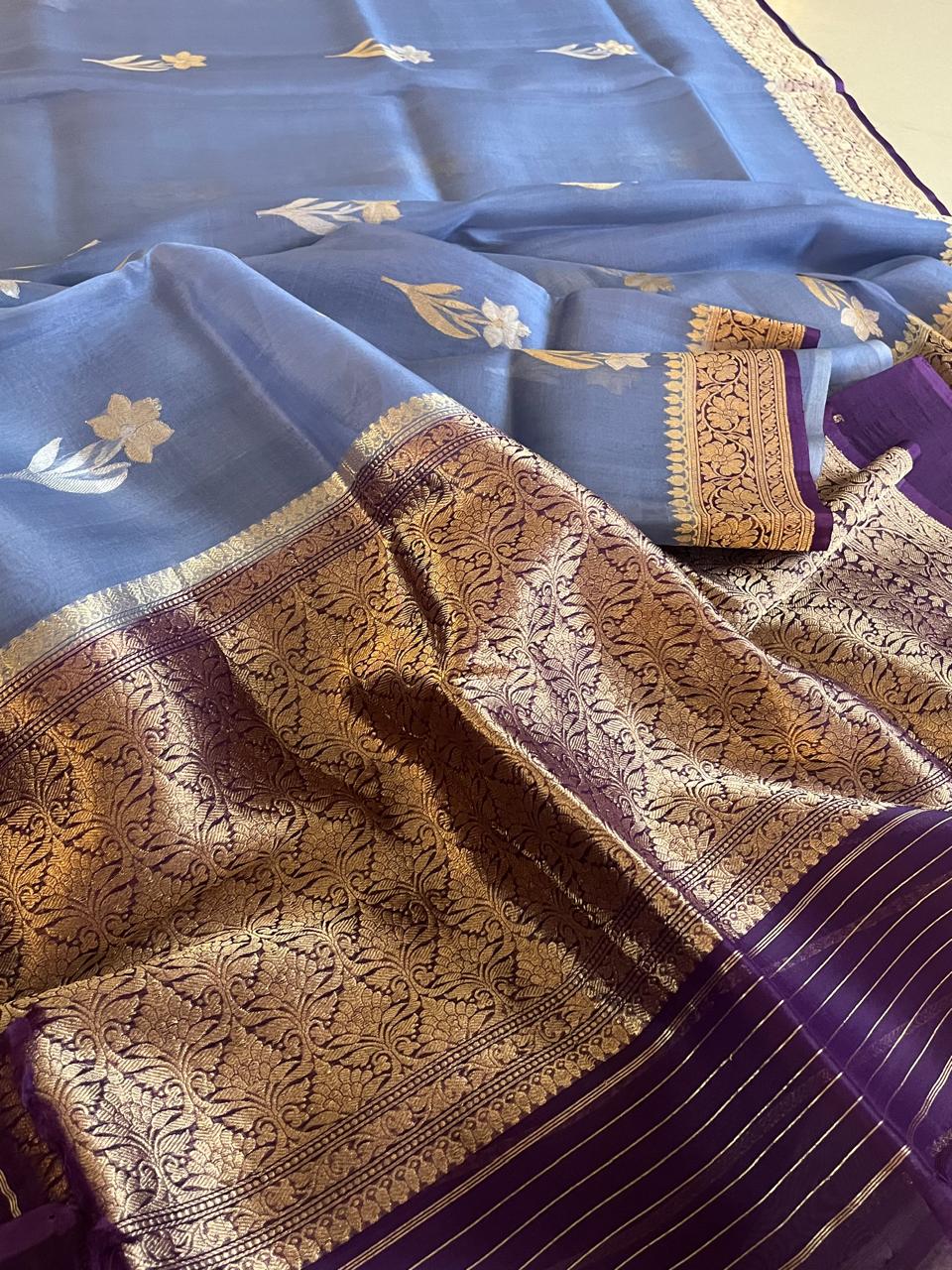 Kora Banarasi Pure Organza Handwoven Silk Saree with Kadwa Buttis - Icy Blue