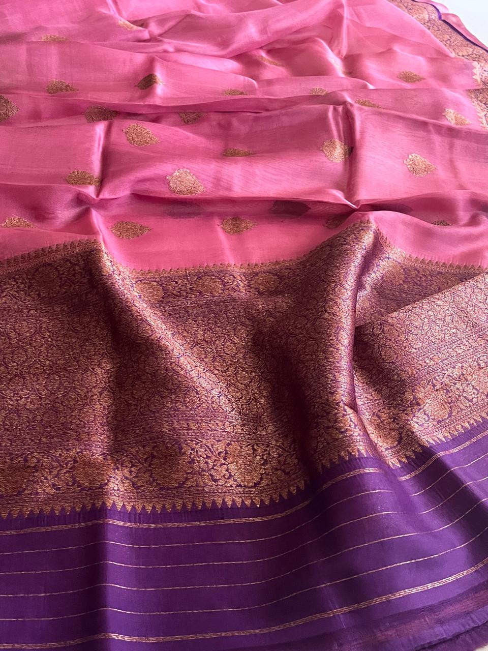 Kora Banarasi Pure Organza Handwoven Silk Saree with Kadwa Buttis - Onion Pink
