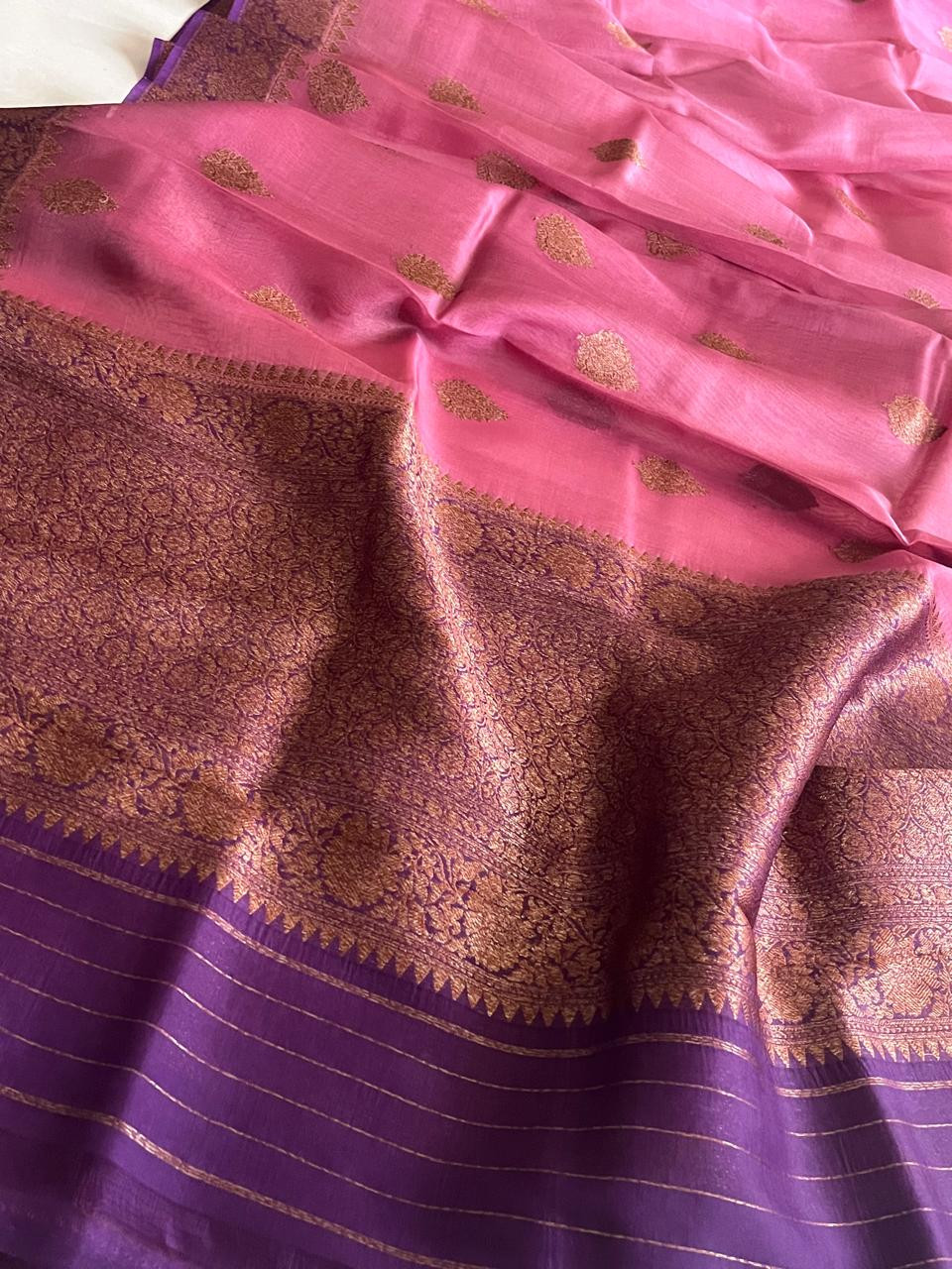 Kora Banarasi Pure Organza Handwoven Silk Saree with Kadwa Buttis - Onion Pink