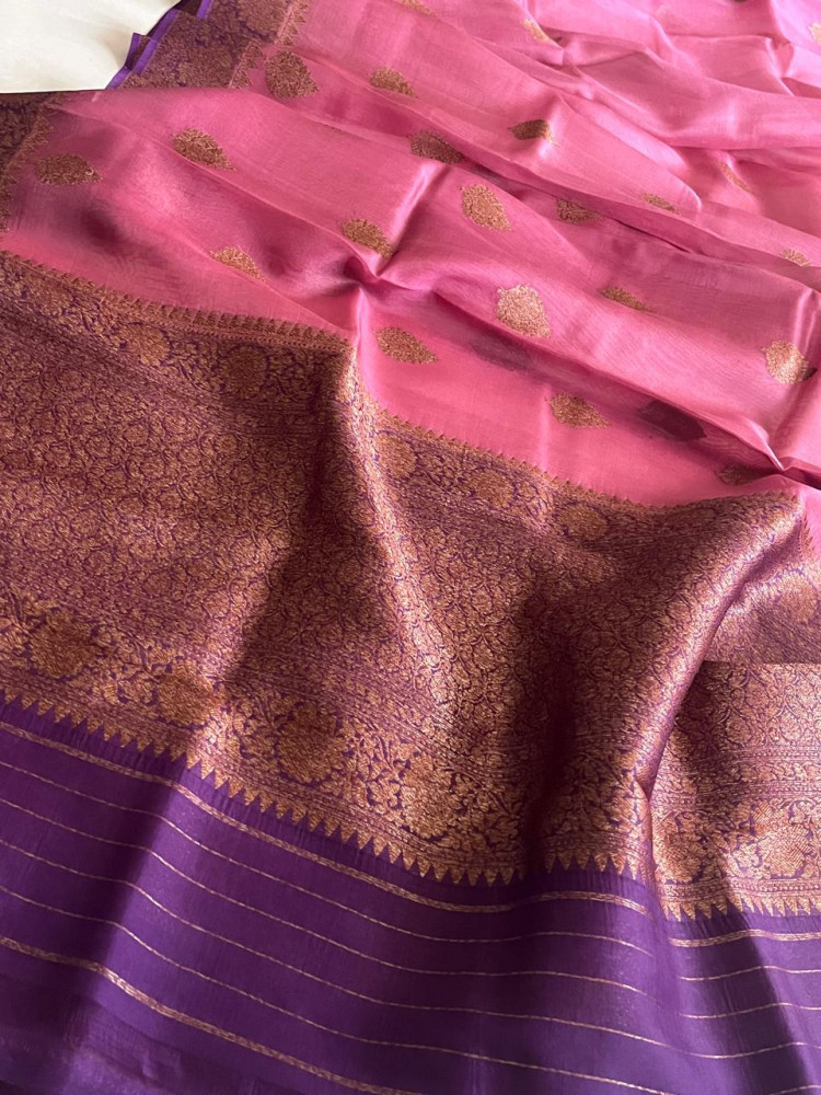 Image of Kora Banarasi Pure Organza Handwoven Silk Saree with Kadwa Buttis - Onion Pink