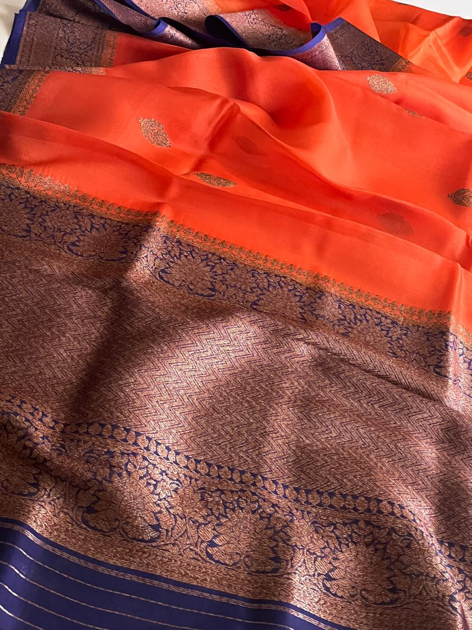 Kora Banarasi Pure Organza Handwoven Silk Saree with Kadwa Buttis - Orange