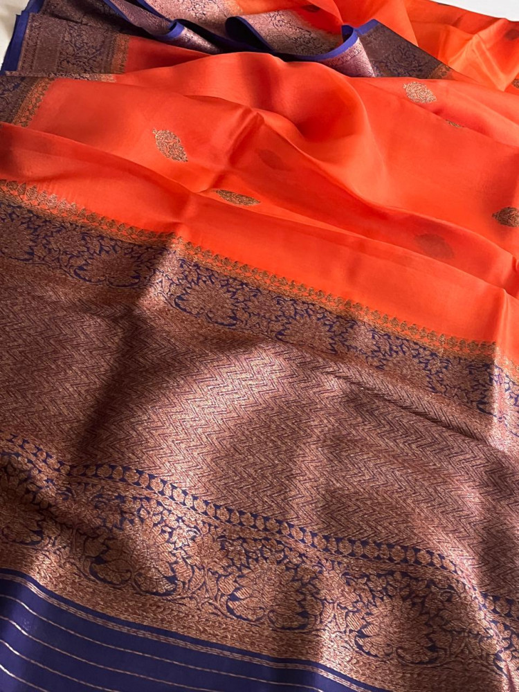 Image of Kora Banarasi Pure Organza Handwoven Silk Saree with Kadwa Buttis - Orange