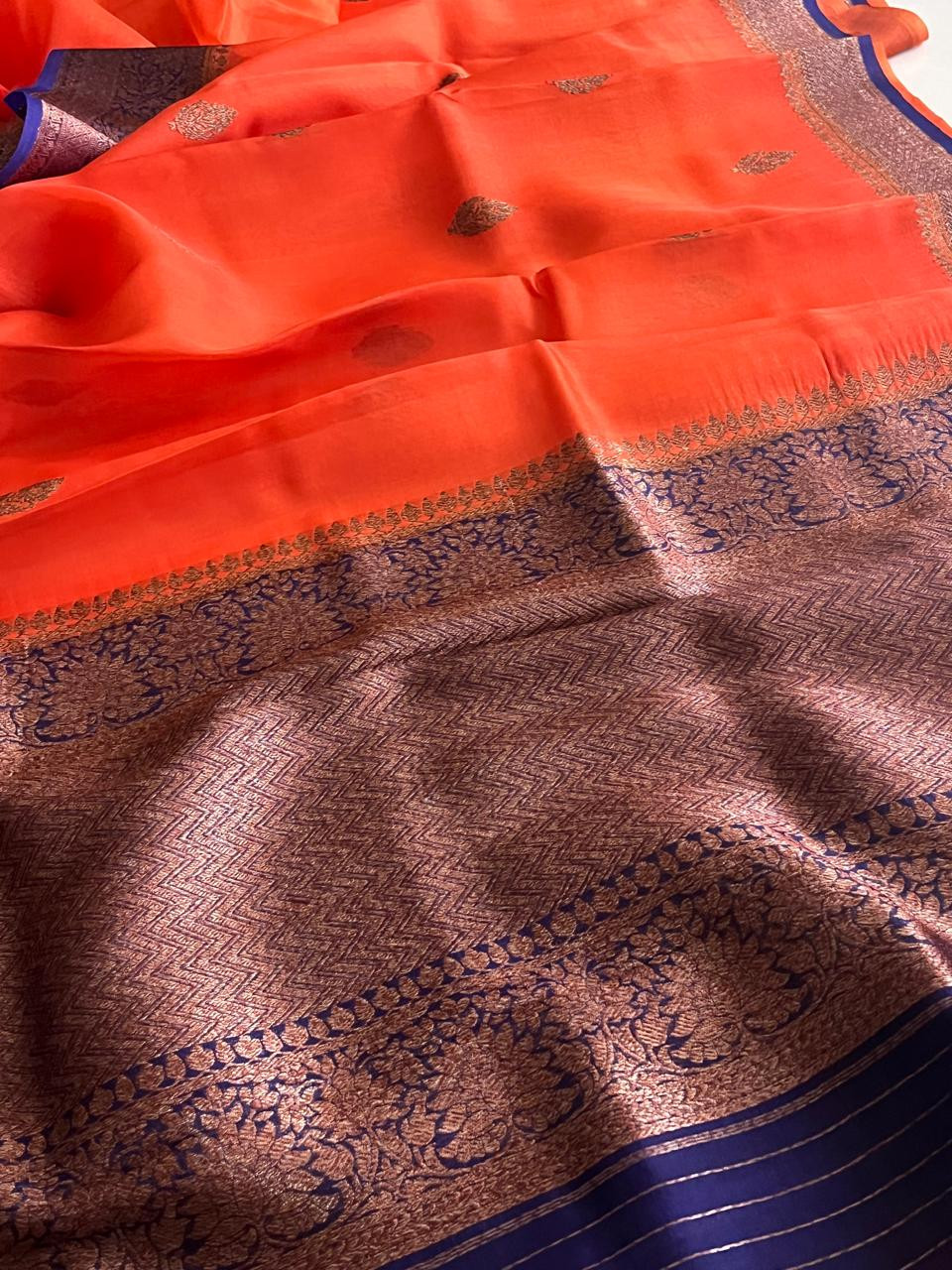 Kora Banarasi Pure Organza Handwoven Silk Saree with Kadwa Buttis - Orange