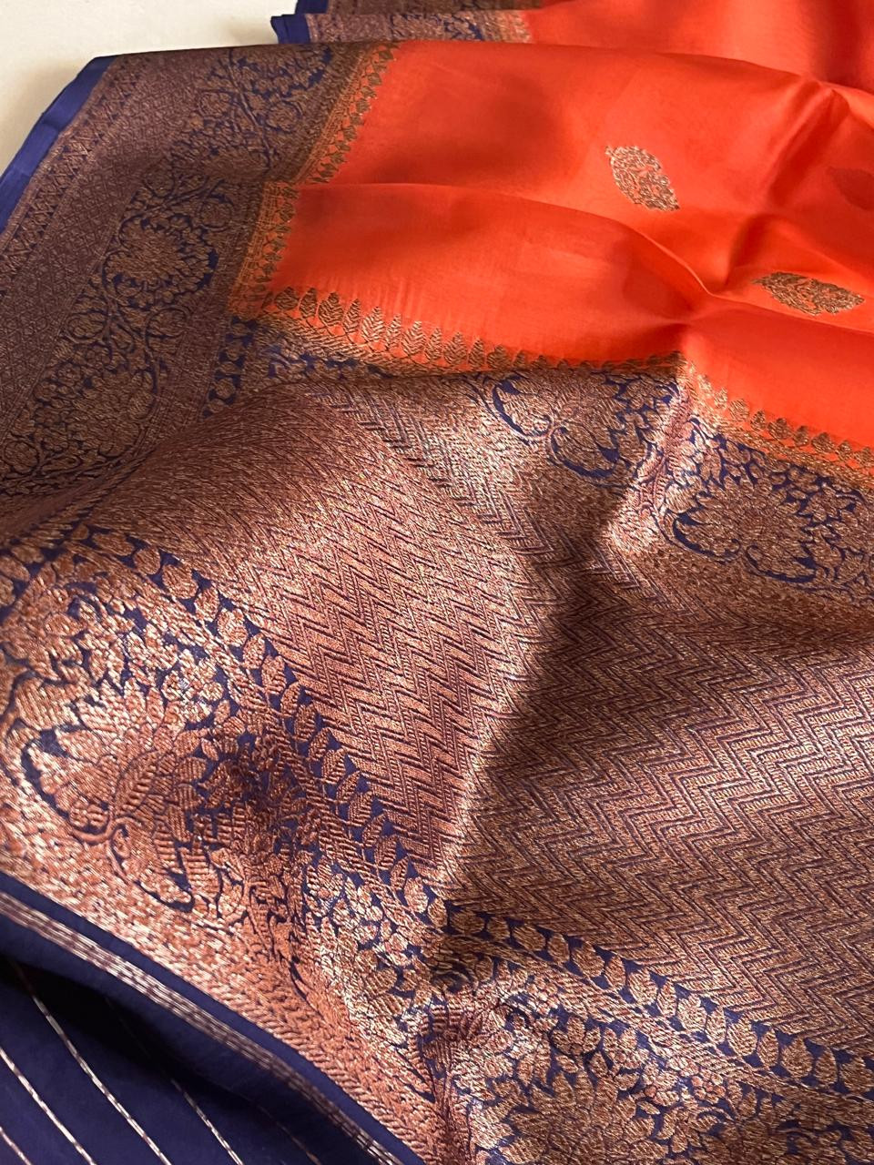 Kora Banarasi Pure Organza Handwoven Silk Saree with Kadwa Buttis - Orange
