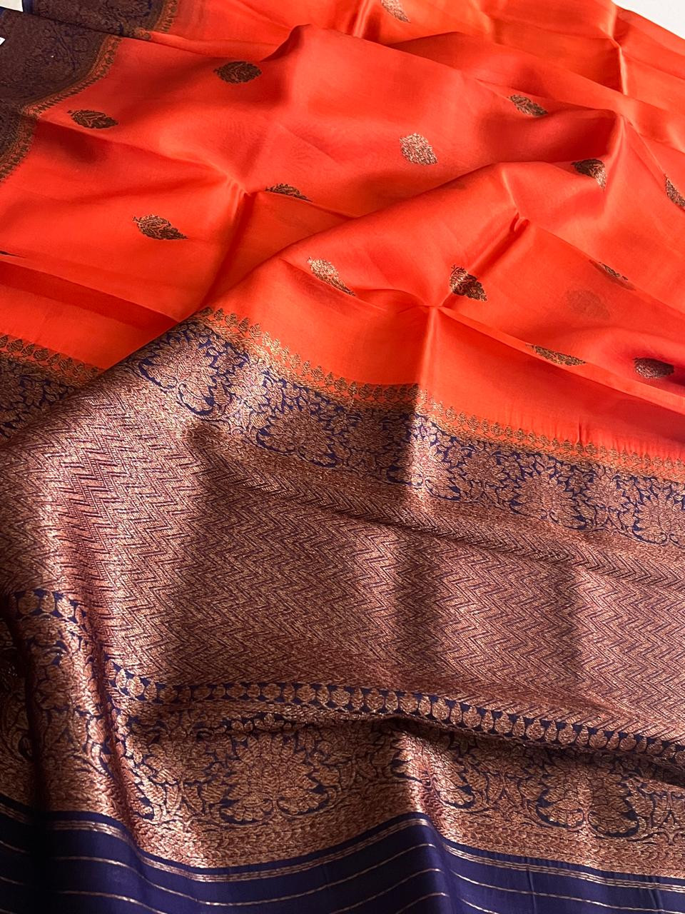 Kora Banarasi Pure Organza Handwoven Silk Saree with Kadwa Buttis - Orange