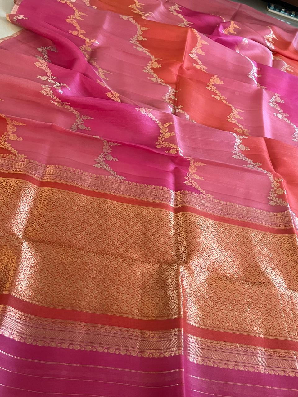 Kora Banarasi Pure Organza Rangkat Handloom Saree with Kadwa Weave - Coral Blush