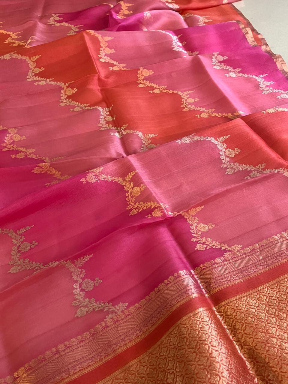 Kora Banarasi Pure Organza Rangkat Handloom Saree with Kadwa Weave - Coral Blush