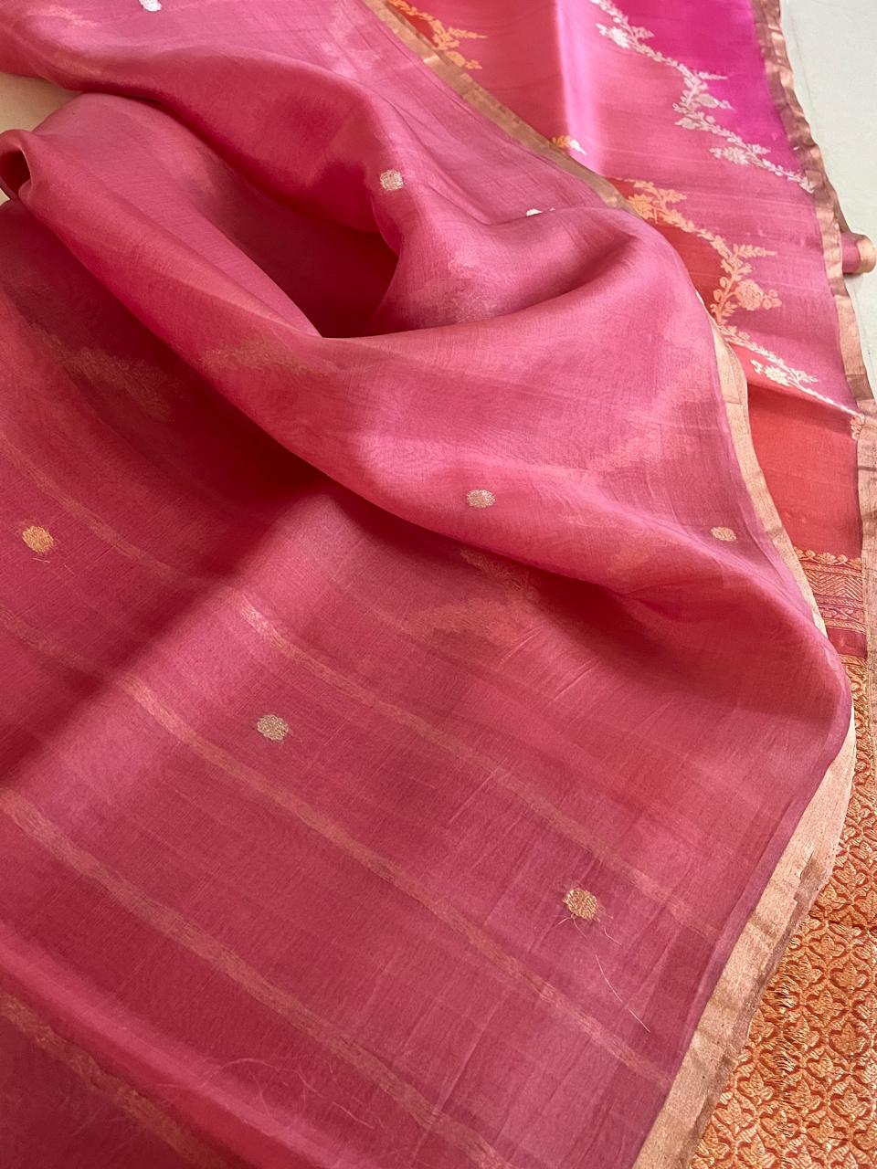 Kora Banarasi Pure Organza Rangkat Handloom Saree with Kadwa Weave - Coral Blush