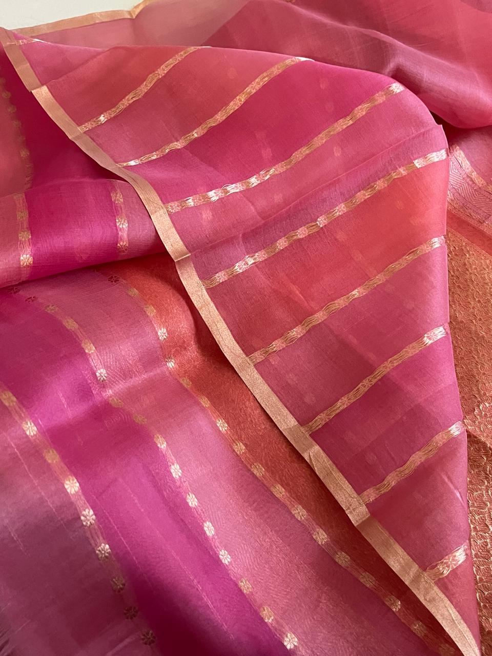 Kora Banarasi Pure Organza Rangkat Handloom Saree with Kadwa Weave - Coral Blush