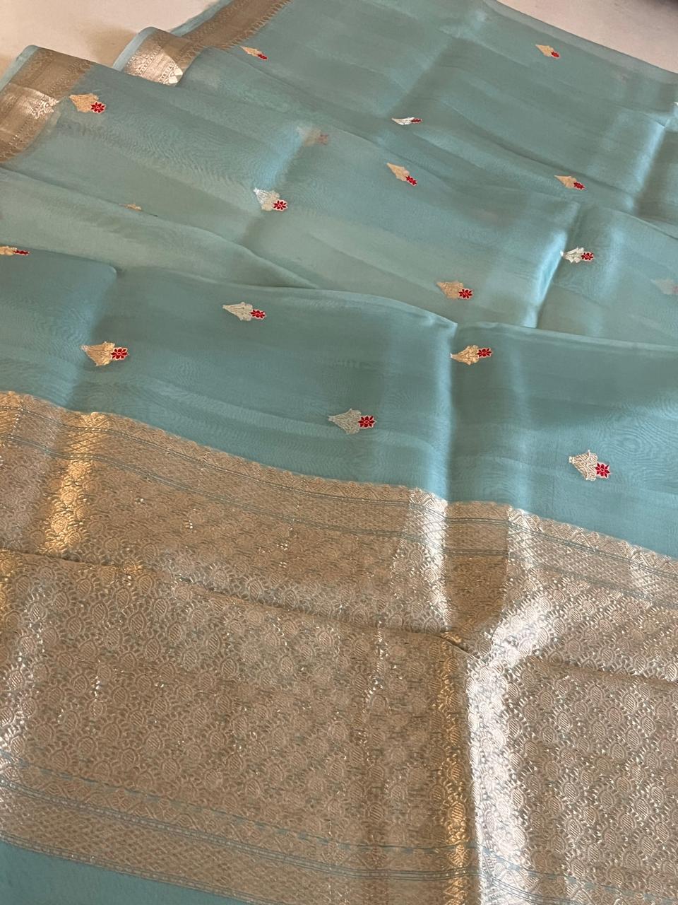 Kora Banarasi Pure Organza Handwoven Silk Saree with Meenakari Kadwa Buttis - Sea Green