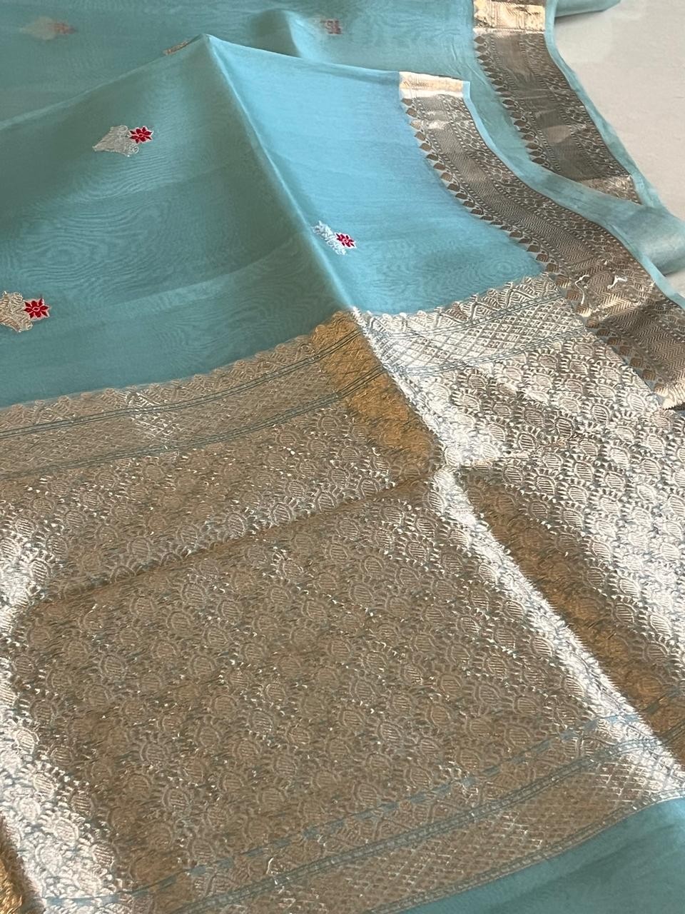 Kora Banarasi Pure Organza Handwoven Silk Saree with Meenakari Kadwa Buttis - Sea Green