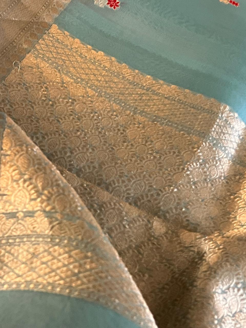 Kora Banarasi Pure Organza Handwoven Silk Saree with Meenakari Kadwa Buttis - Sea Green