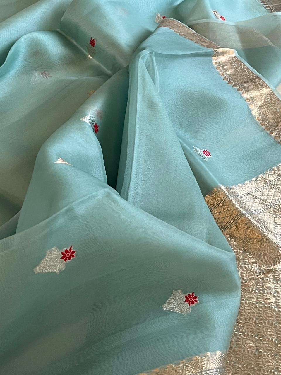 Kora Banarasi Pure Organza Handwoven Silk Saree with Meenakari Kadwa Buttis - Sea Green