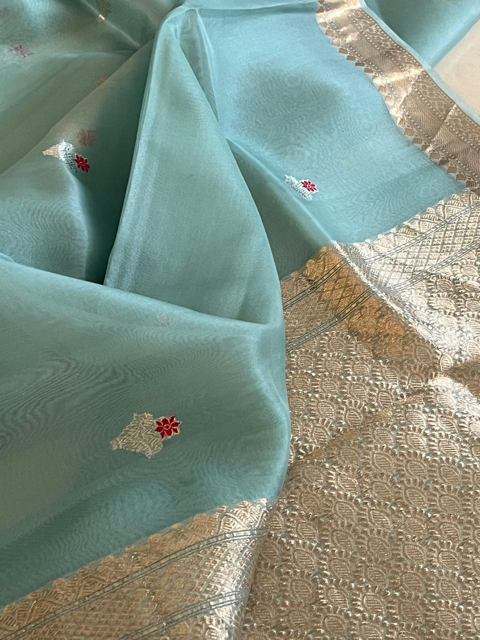 Kora Banarasi Pure Organza Handwoven Silk Saree with Meenakari Kadwa Buttis - Sea Green