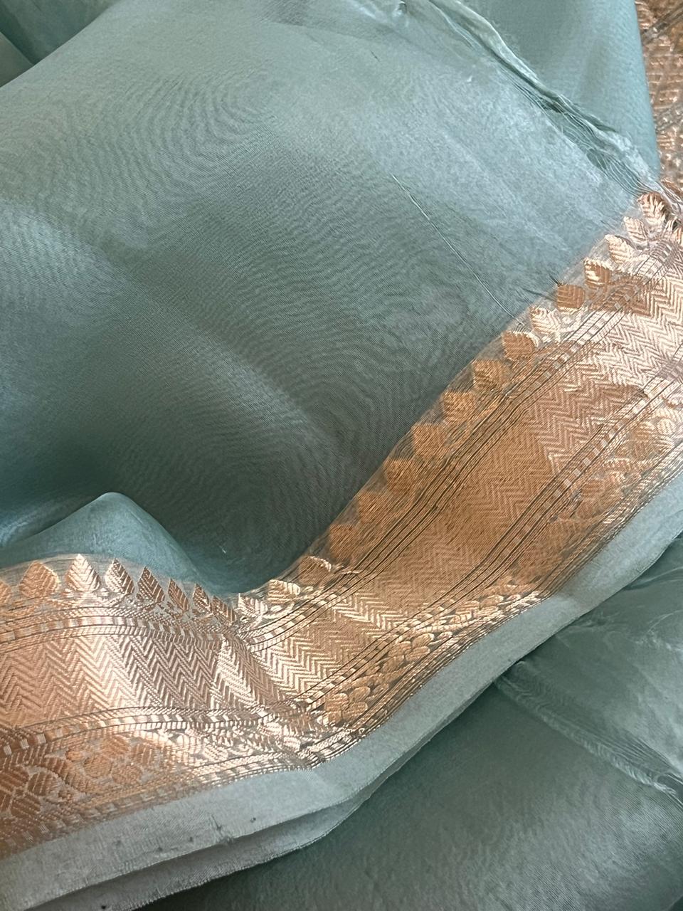 Kora Banarasi Pure Organza Handwoven Silk Saree with Meenakari Kadwa Buttis - Sea Green