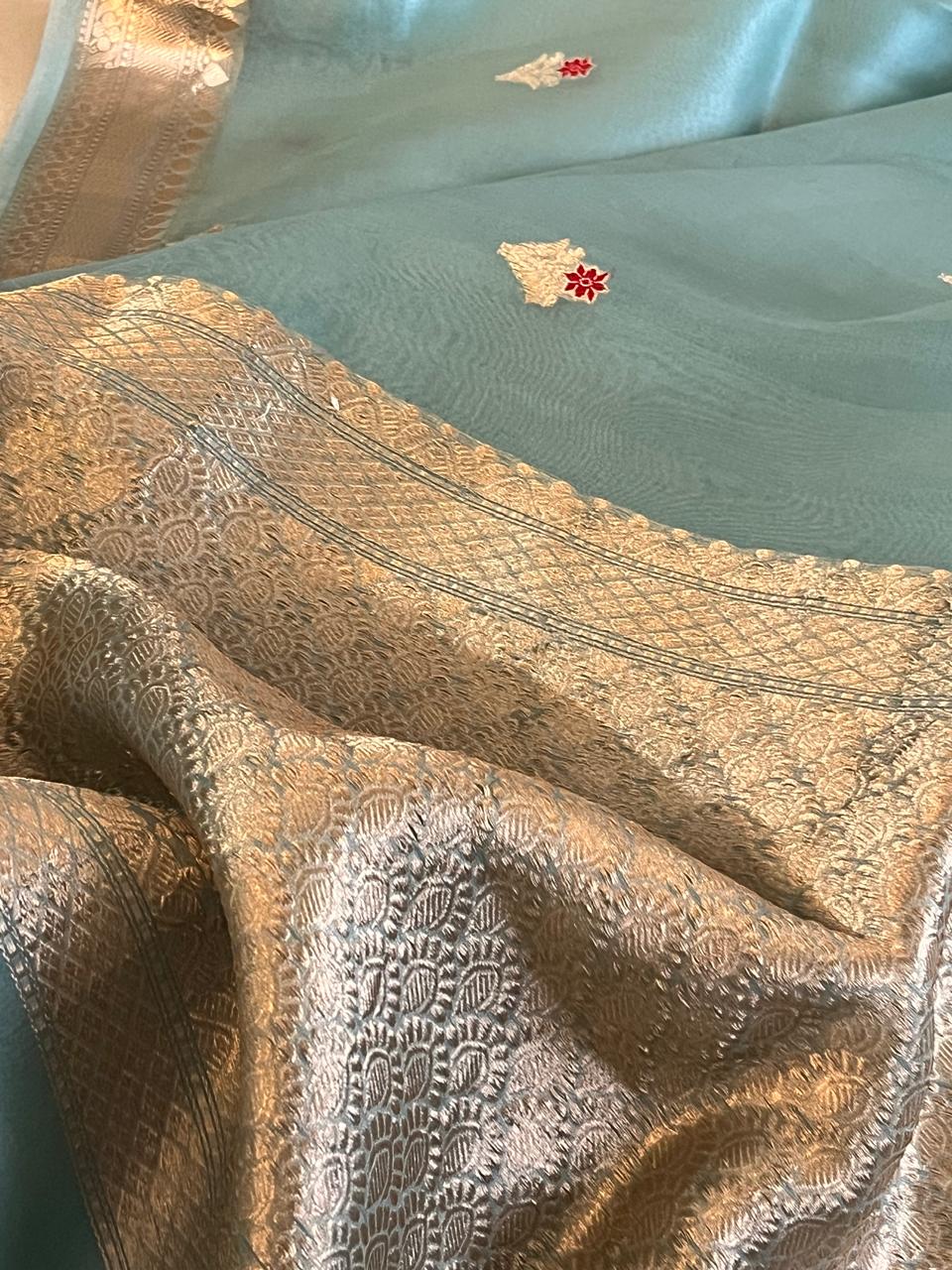 Kora Banarasi Pure Organza Handwoven Silk Saree with Meenakari Kadwa Buttis - Sea Green