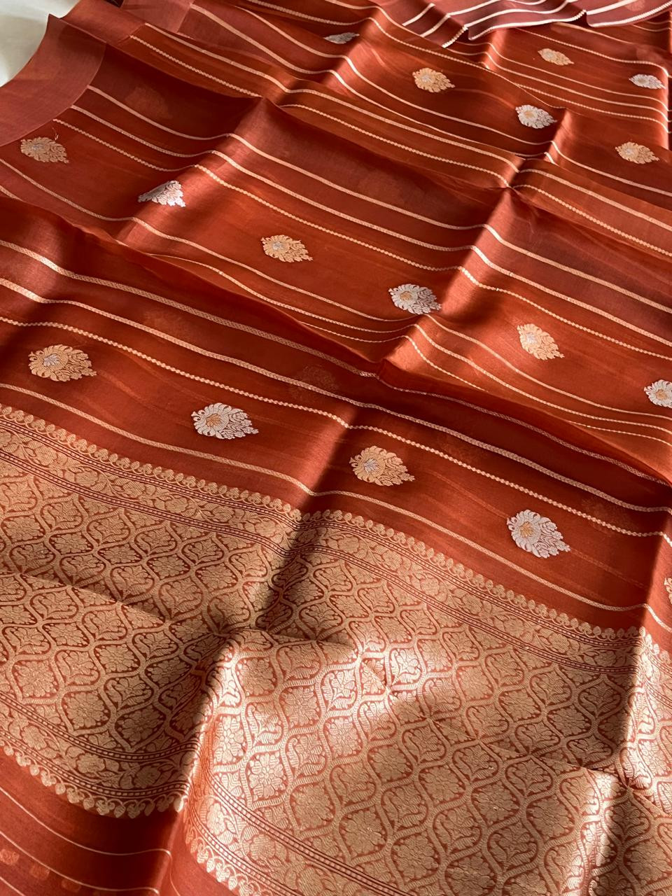 Kora Banarasi Pure Organza Handwoven Silk Saree with Kadwa Buttis - Rust